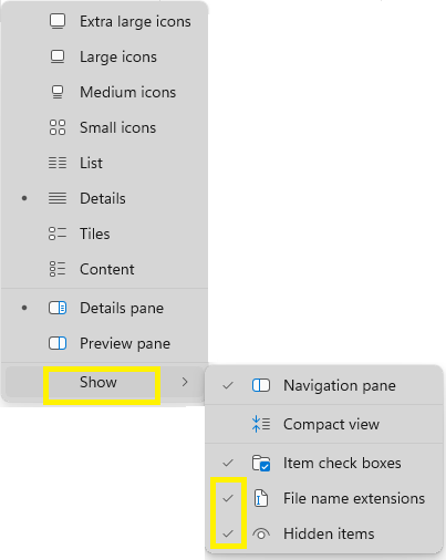 Windows: Show extensions and hidden items